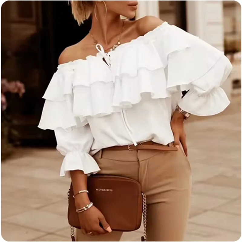 Szykowny dwuwarstwowy top z odkrytymi ramionami dla kobiet High Street Jednolity kolor Wiosna Jesień T-Shirt Wakacje Casual Odzież bez pleców