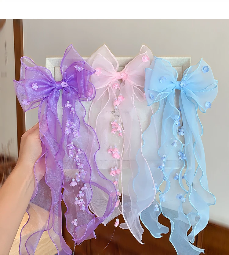 Niedliche Prinzessinnen-Tüll-Haarspangen mit Schleife für Mädchen, Lange Bandverzierungen, Blumen-Dekor Haarklammern für Kleinkinder und Kinder, Süße Haaraccessoires – Detail 2
