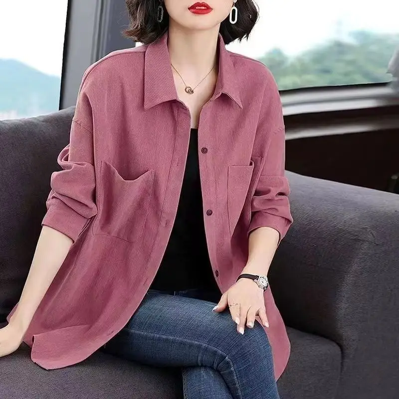 Women Spring Korean New Fashion Casual Commute Polo-Neck Shirt Button Pockets Spliced Loose Plus Size Long Sleeves Cardigan Coat