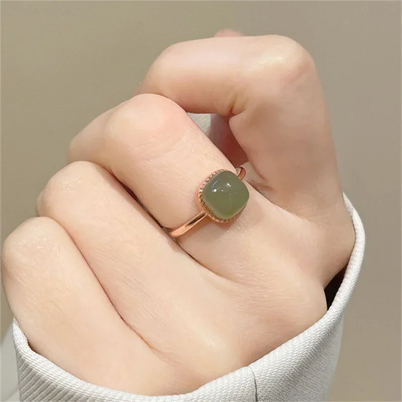 Кольцо Женское Vintage Artificial Jade Square Ring Chinese Style Crystal Geometric Finger Ring For Women Fashion Jewelry 반지 image 2