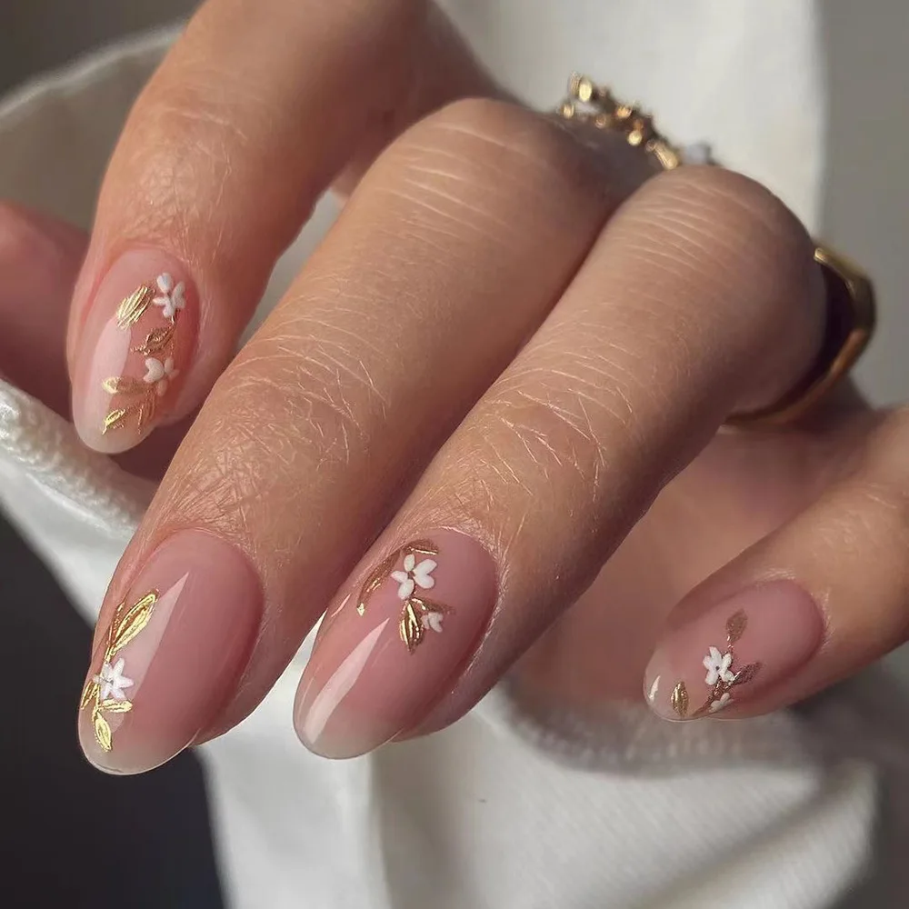 24 stuks middellange amandel nepnagels druk op roze glanzend poeder Franse kunstnagels met sterparel draagbaar volledige dekking nageltips