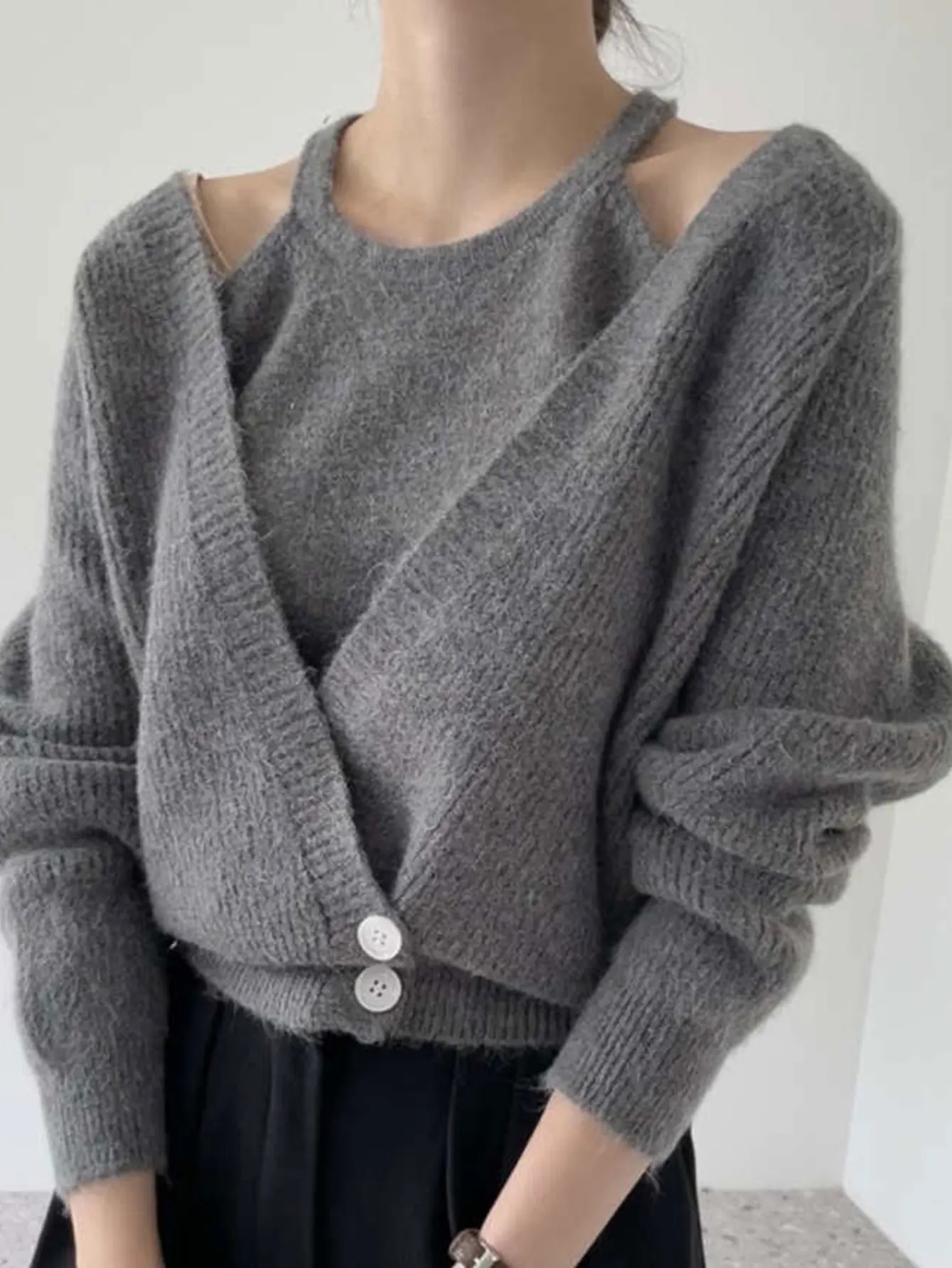 

Женский свитер на пуговицах с длинным рукавом и v-образным вырезом, осенне-зимний модный удобный однотонный стиль повседневной носки