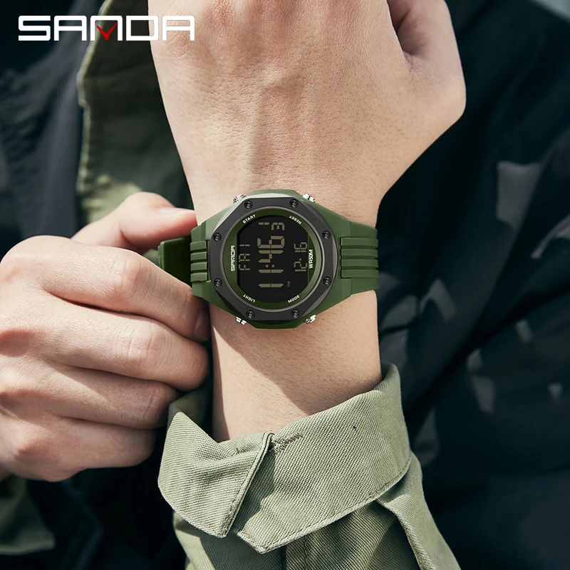 SANDA Mens นาฬิกาแคลอรี่ Luminous HD จอแสดงผล LED Jam Tangan Elektronik Multifunctional นาฬิกากันน้ำ Reloj