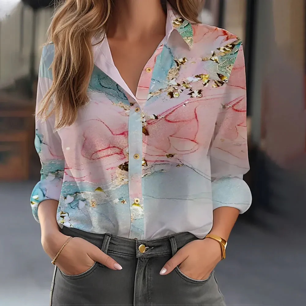 Women\'s New Loose Shirts Fashion Long Sleeve Shirt Elegant Face Print Sexy Blouse Spring Retro Button Top Women\'s Summer Clothes