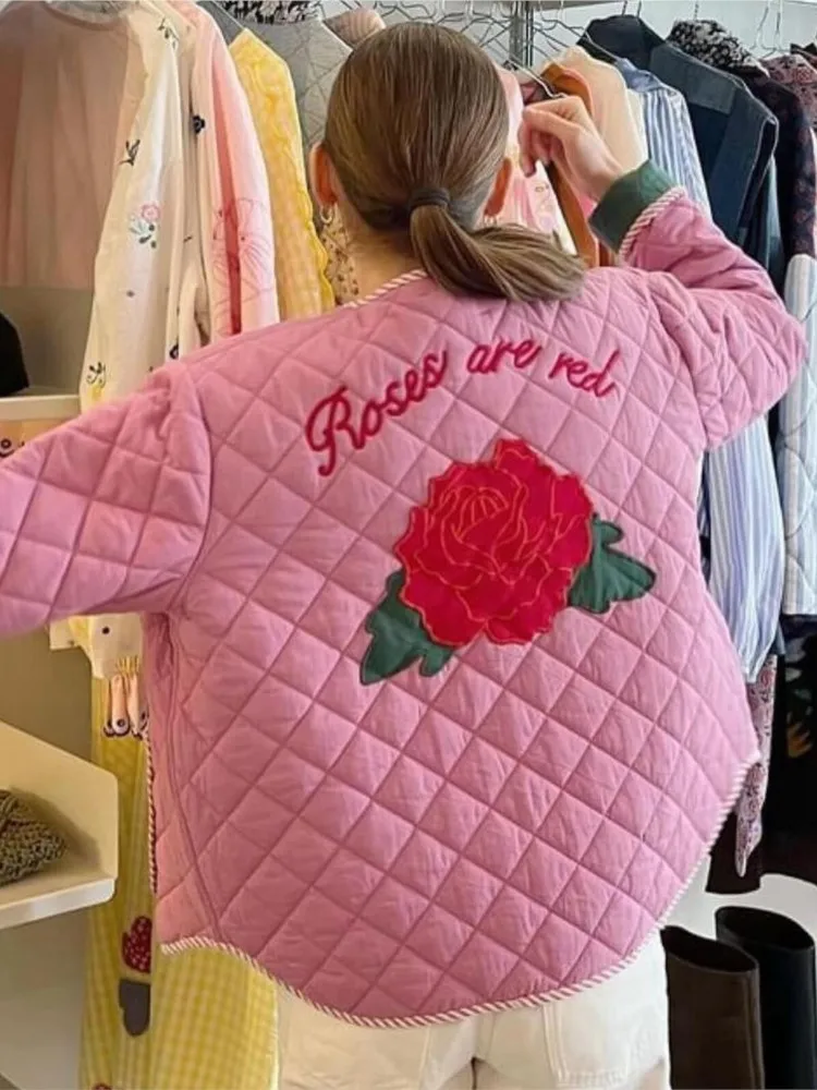 2024 New Sweet Pink 3D Bow Winter Coat Lace-up Double Pocket Fashion Quilted Cotton Jacket Autumn Chic Outwear Female Clothes