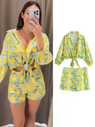 TRAF Summer 2 Piece Women Print Bow Shirt Short Sets Casual Lapel Beach Tops+High Waist Zipper Side Pockets Slim Shorts Suit