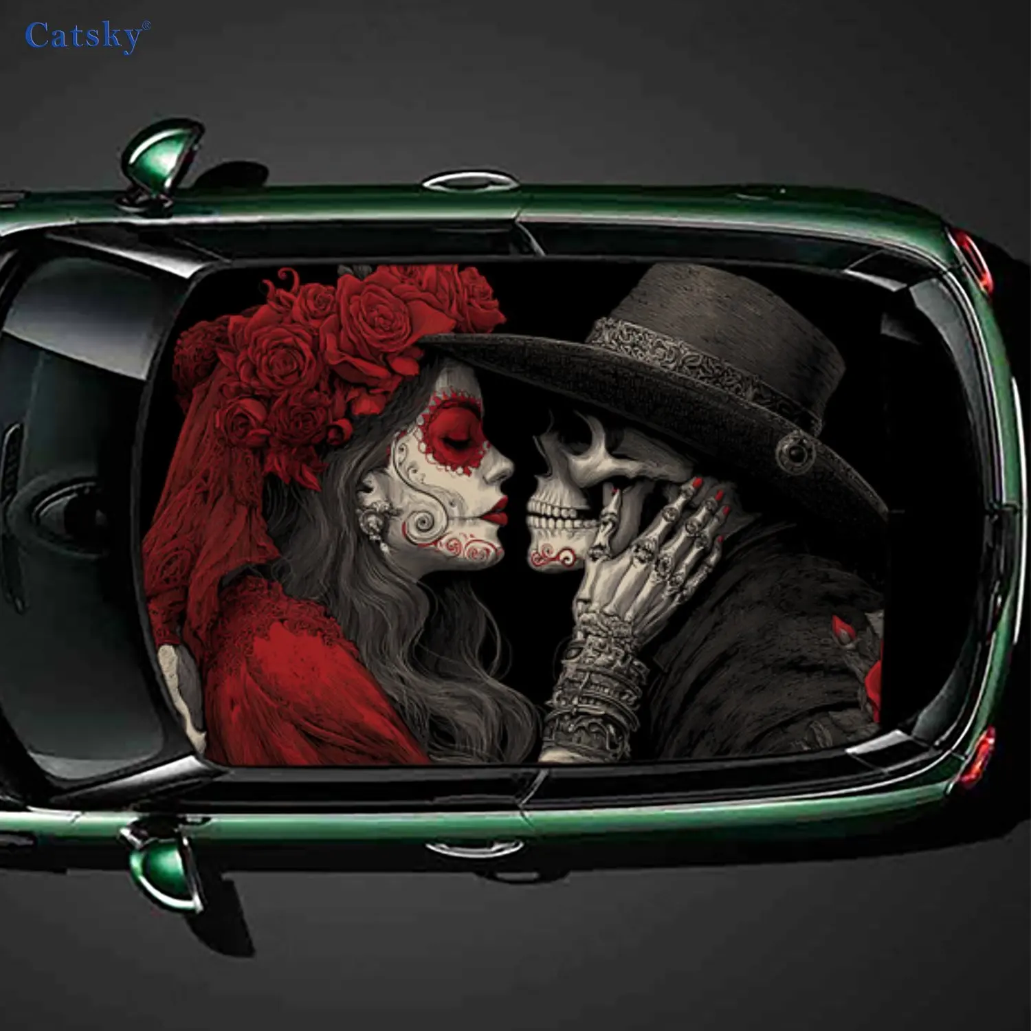 Day of the Dead Skull Couple Romance Adventure Car Roof Sticker, PVC Self-Adhesive Waterproof Car Vinyl Decal, Car Decoration Pr