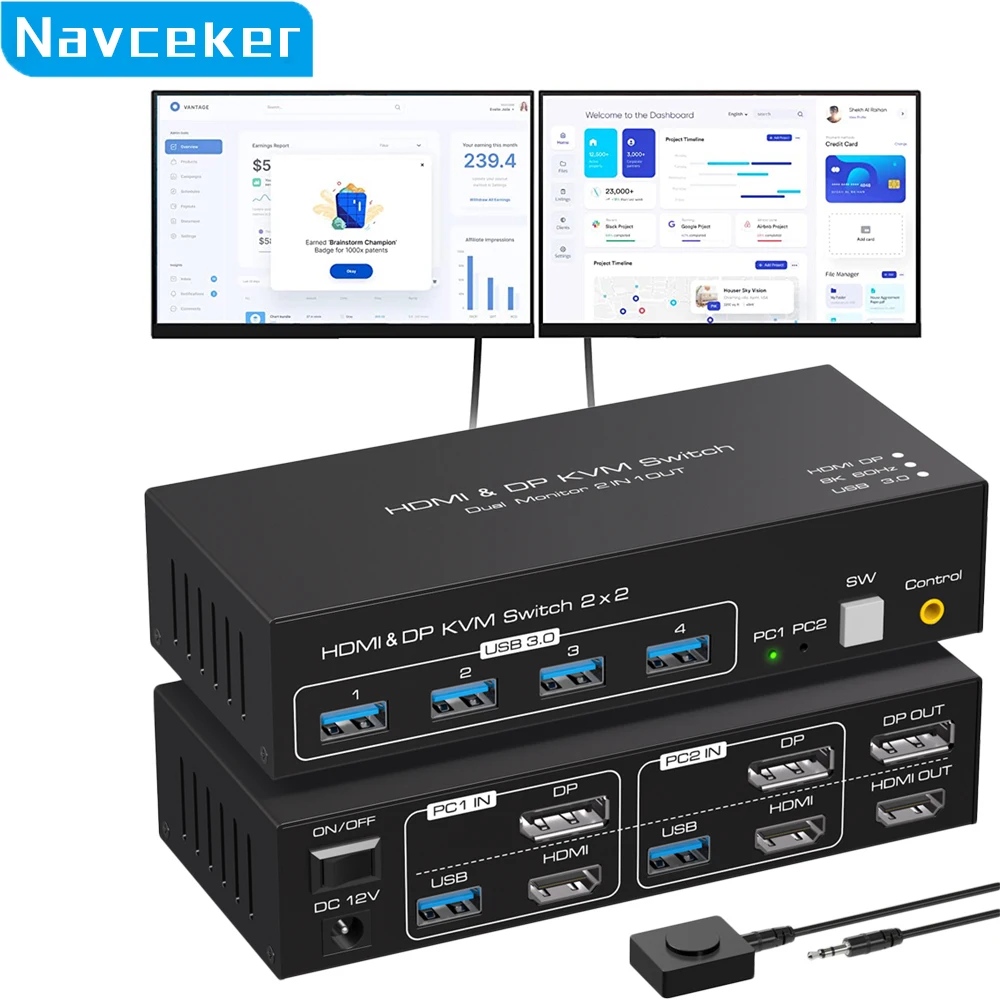 Navceker 2x2 hdmi dp kvm schalter 4k 120hz dual monitor erweitertes display 8k usb kvm umschalter 2 in 2 out für 2 computer 2 monitore