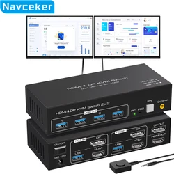 Navceker-Switch HDMI DP KVM, Monitor Duplo Extended Display, 2 em 2 saídas para 2 Computadores, 2 Monitores, 4K, 120Hz, 8K USB, Switcher KVM