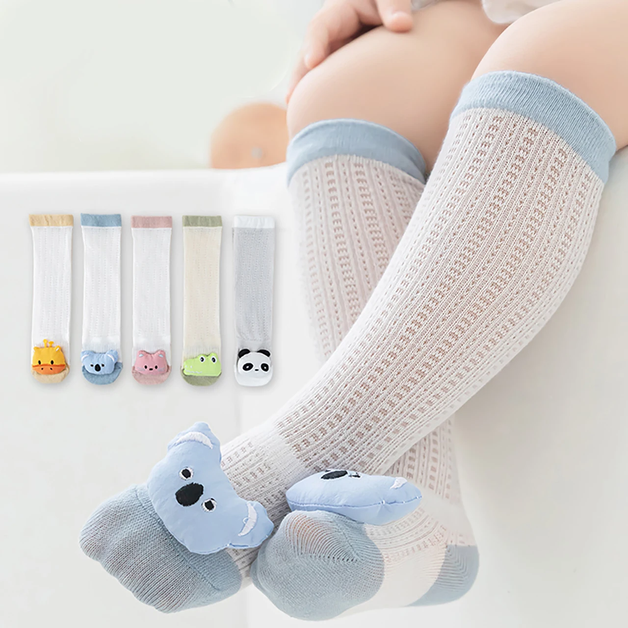 الصيف الطفل شبكة الجوارب الفتيان الفتيات جوارب حماية الركبة لطيف عروسة كارتون الطفل الركبة عالية جورب لينة القطن الوليد الأحذية