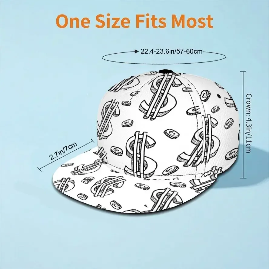 Customization Hats 1pc Black & White Dollar Sign Baseball Cap With Snapback Closure - Adjustable Flat Brim Hat Suitable For Hip-