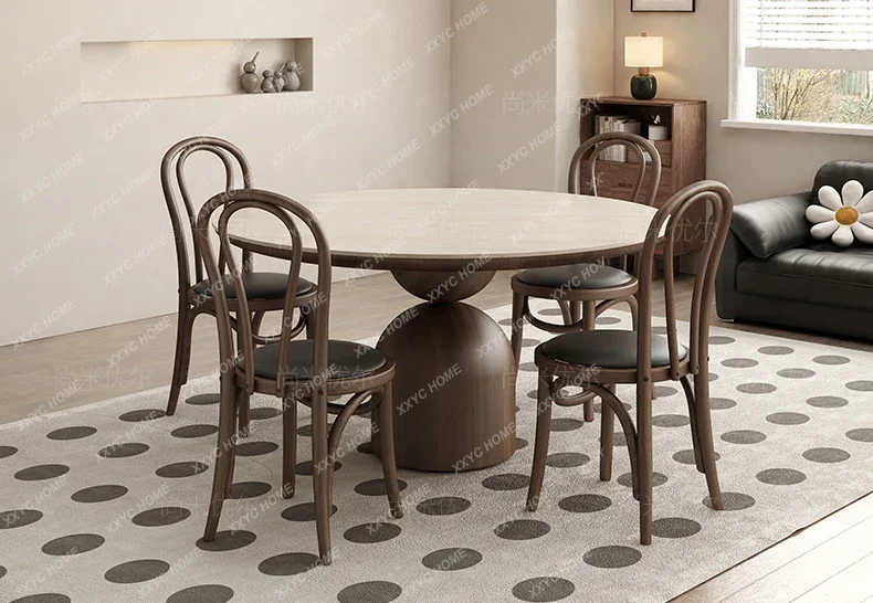 A  Retro walnut round dining table rock slab household solid wood French dining table and chair combination