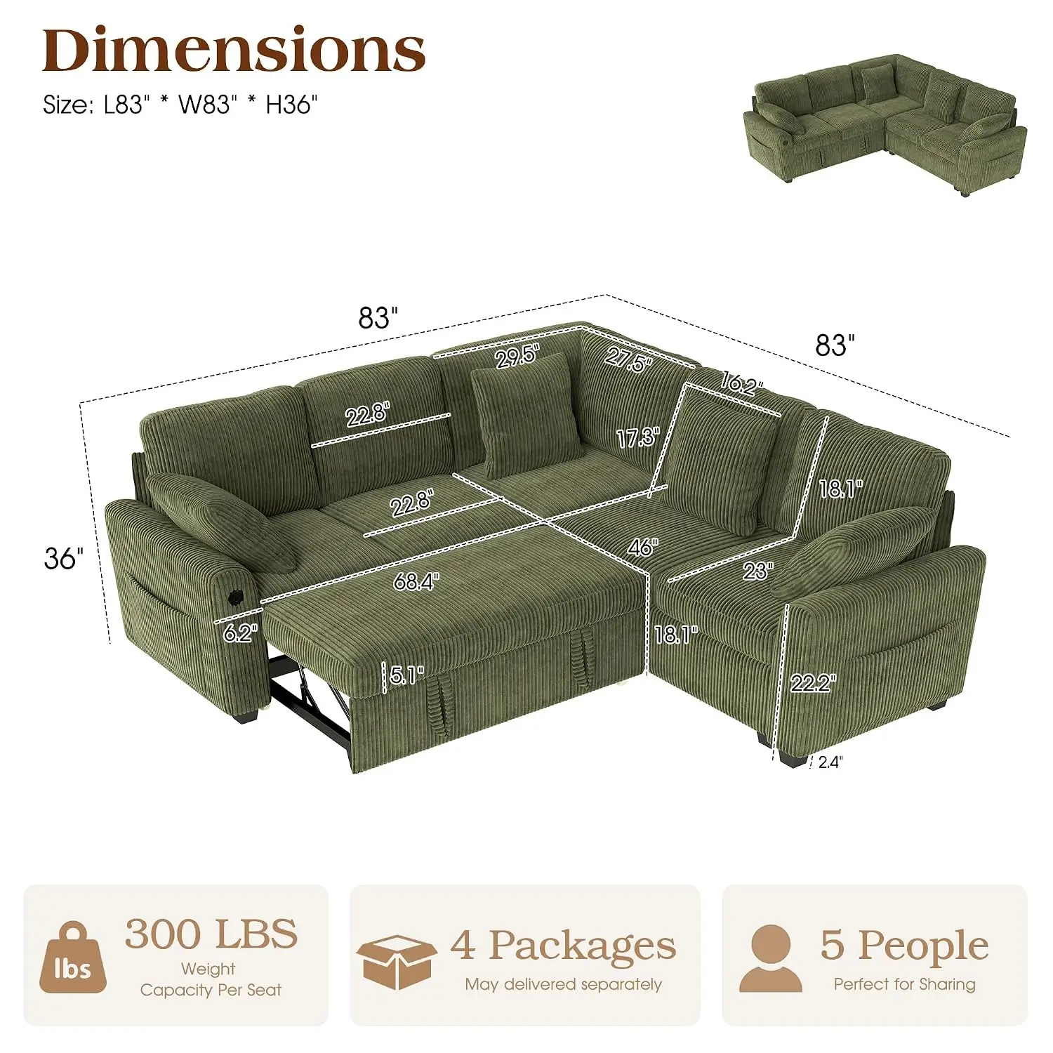 83-inch 5-Seater Large Sectional Sofa Bed with Storage, Corduroy Reversible Modular Sleeper Sofa with USB Port & 4, Customized