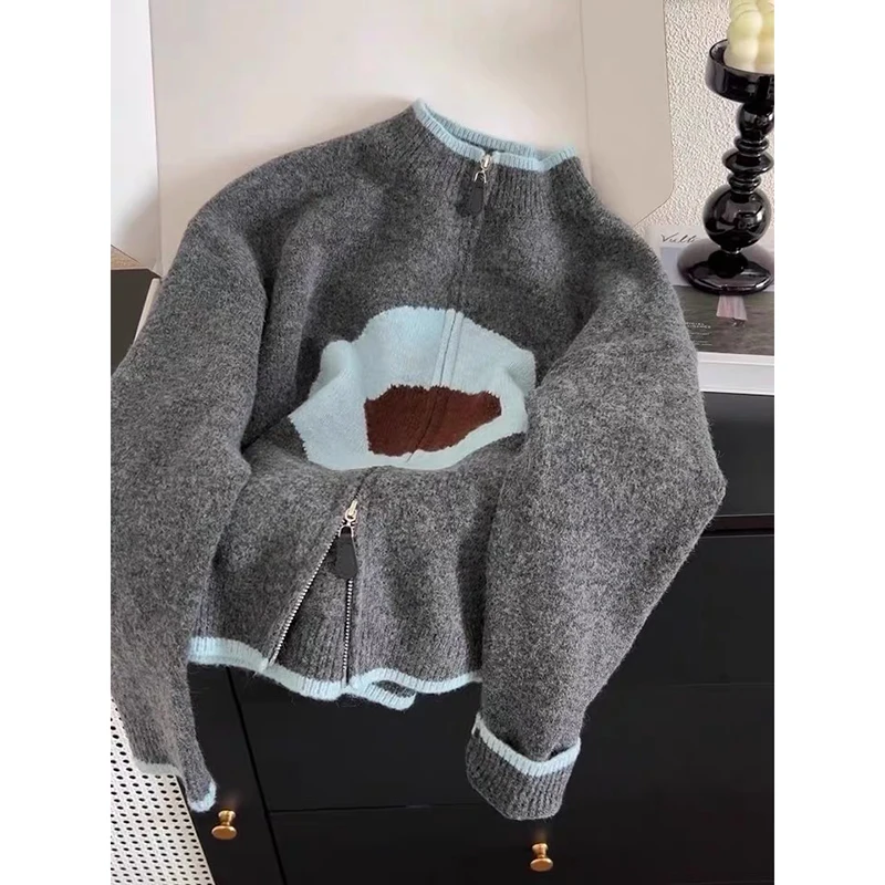 YIBASHU Autumn Winter Contrast Color Sweater Coat Women Japanese Korean Style Loose Double Zipper Knitted Cardigan Jacket Female