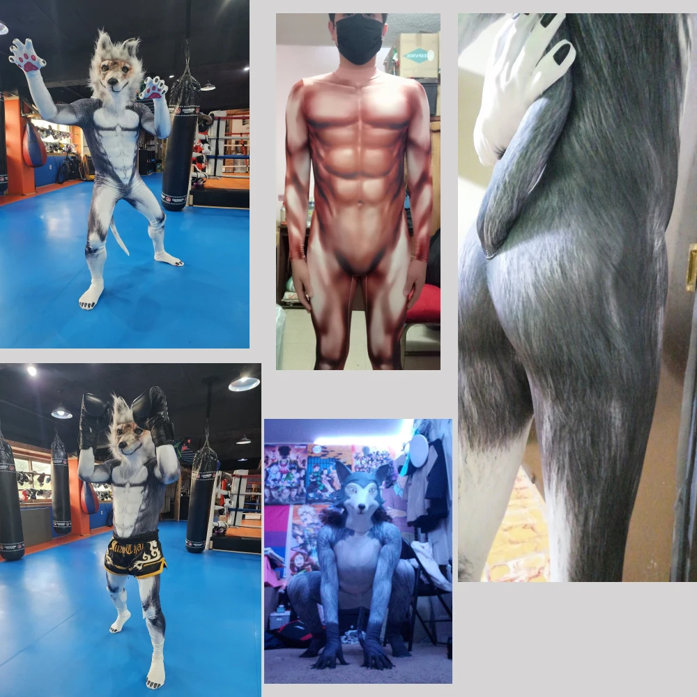 Zawaland Halloween Cosplay Kostuum Volwassenen Huskies Print Petsuit Animal Zentai Met Staart Stretch Kledingstuk Anime Stijl Bodysuit