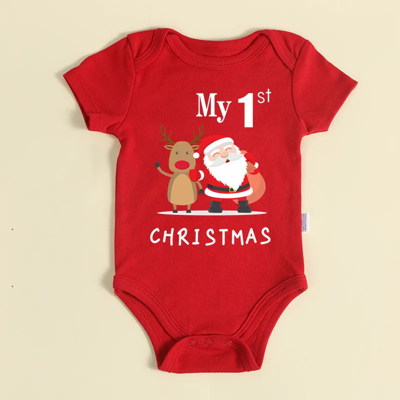 My 1st Christmas Santa Claus Elk Print Newborn Cute Short Sleeve Romper Red Cotton Baby Boys Girls Bodysuit
