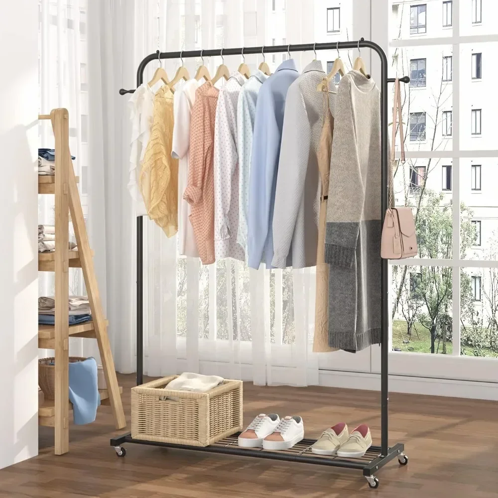 Clothes Rack on wheels, Clothing Rack with Bottom Mesh Storage Shelf,Sturdy Metal Frame,Rolling Garment Rack for Hanging