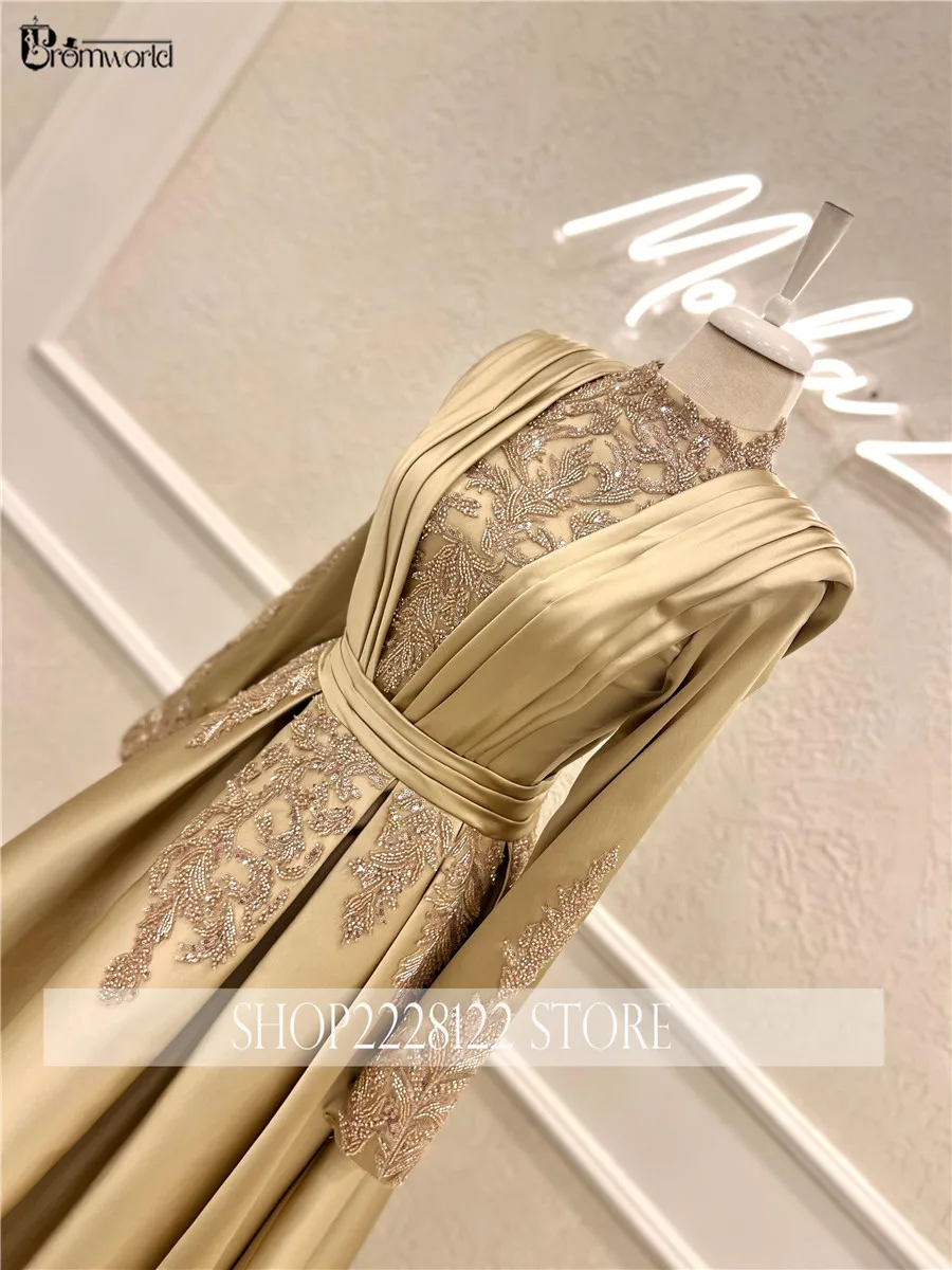 High Neck A-line Gold Formal Dress 2024 Lace Beaded Satin Dubai Arabic Evening Gowns with Full Sleeves Robes De Soirée