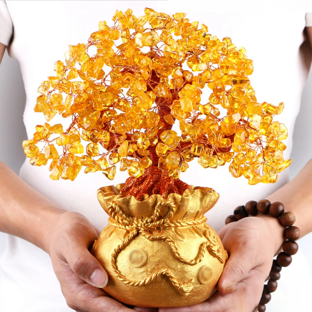 1PC Golden Desktop Ornament, Natural Crystal Wealth Tree, Money Bag Tree, Shaking Money Tree, Craft Gift Ornament, Christmas Dec