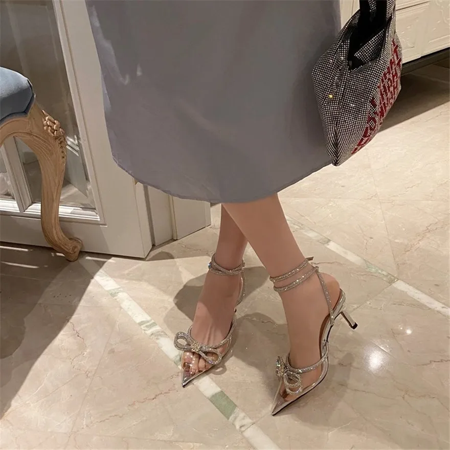 Fashion Diamond Bowknot Women Sandals 2026 Korean Pointy Crystal Buckle Black Pink Silk Wedding Party Dress Lady Shoes High Heel - view 4