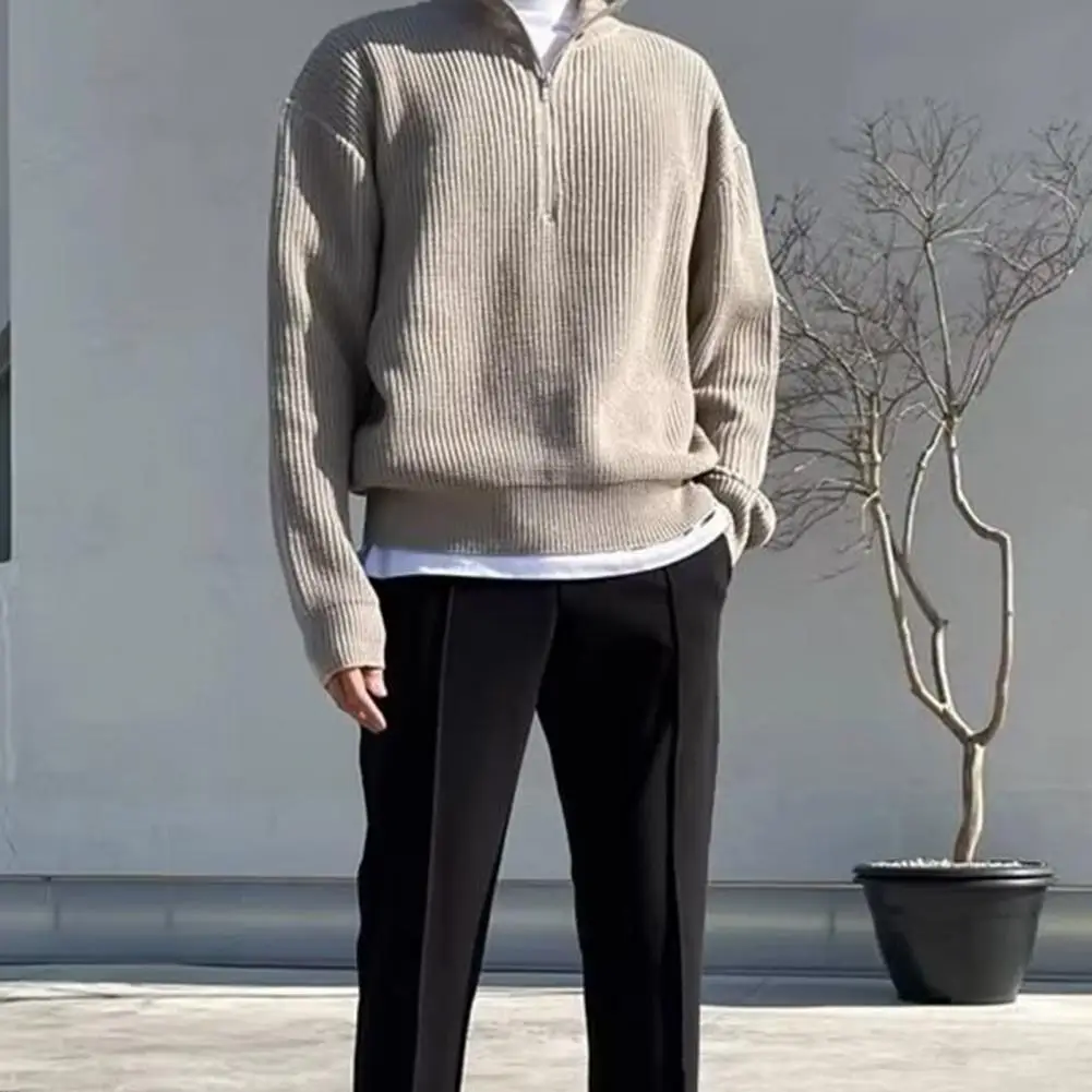 

Loose Fit Sweater Elastic Knitted Half Zipper Sweater for Men Stand Collar Pullover with Long Sleeves Outdoor Wear for Fall