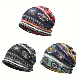 Printed Knitted Skullies Cap Retro Warm Windproof Stretchable Beanies Hat For Men Women Autumn Winter Sports Skiing Casual Hats