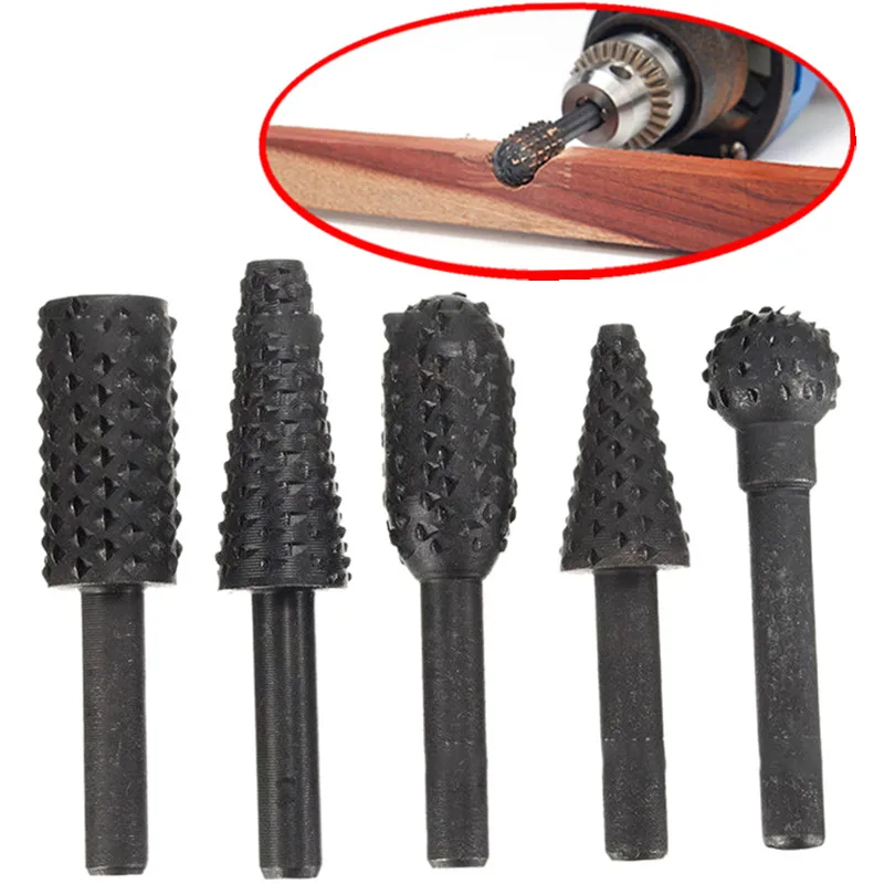 5pc/ Rasp File Drill Bits Rasp Set Drill Grinder Drill Rasp For Woodworking Carving Tool 1/4 Round Shank Rotary Burr Set