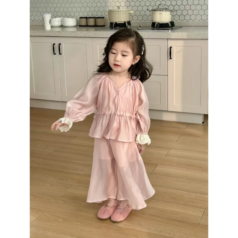 Girls Suit Summer New Korean Fashion Solid Color Thin Lace Shirt Wide Leg Pants Two Piece Set Girls Clothes
