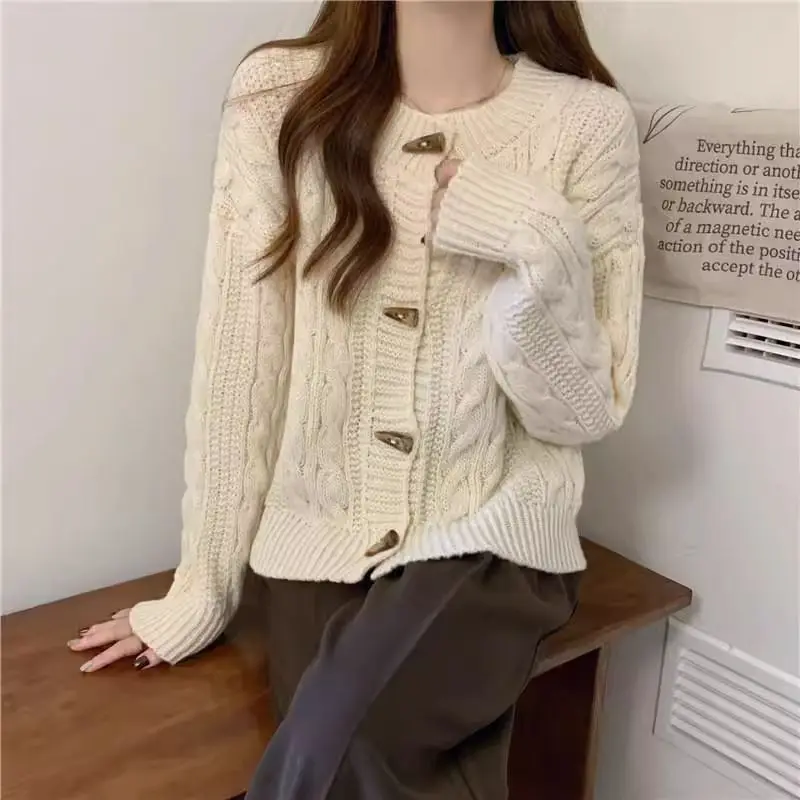 Soft Waxy Fried Dough Twists Knitted Cardigan New Vintage Loose Slim Outwear Sweater Cow Horn Button Coat Women