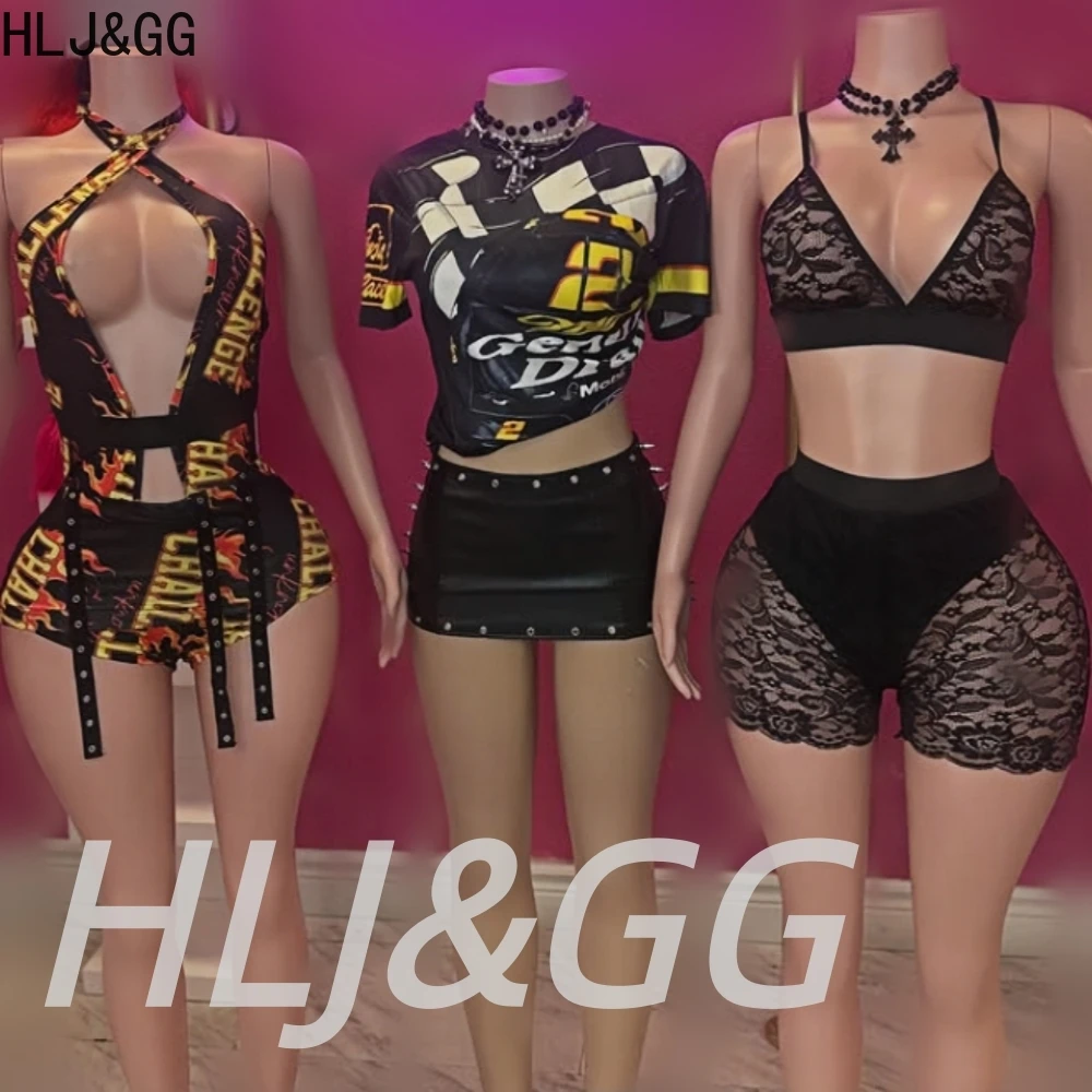 HLJ&GG Black Sexy Lace See Though Sheer Two Piece Sets Women V Neck Spaghetti Strap Crop Tank Top And Shorts Outfits Streetwear
