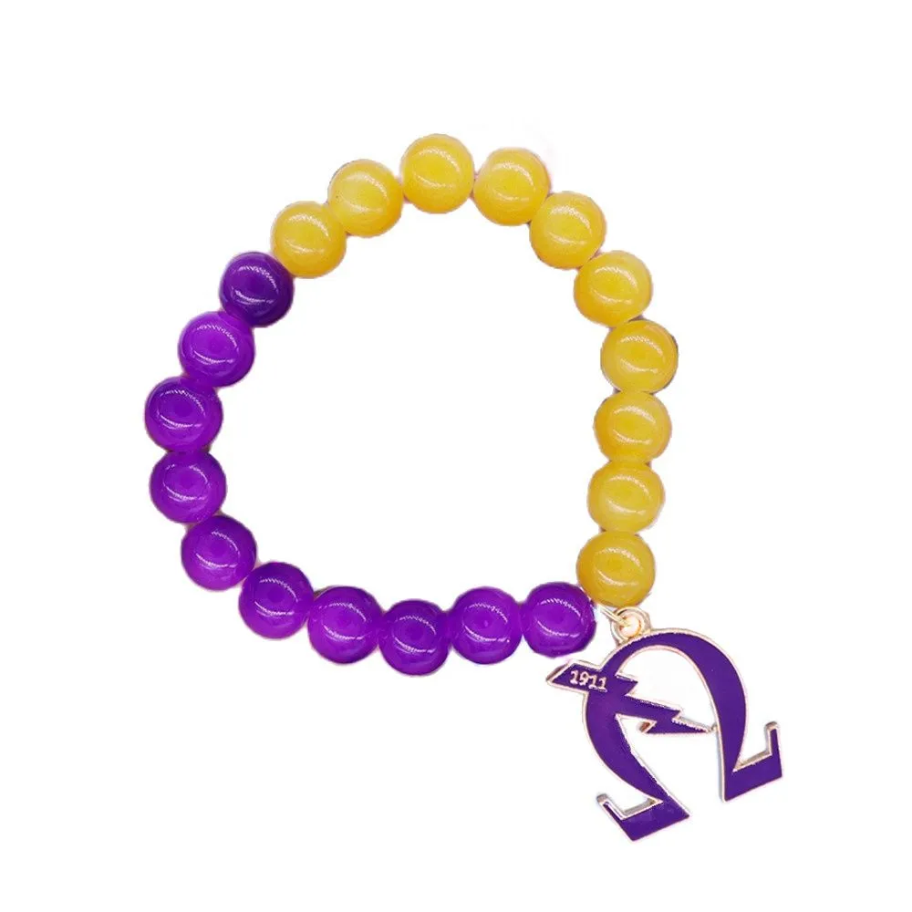 10 MM Purple Yellow Glass Beads Stretch Adjust Fraternity Greek Club Since 1911 Pendant Bracelets