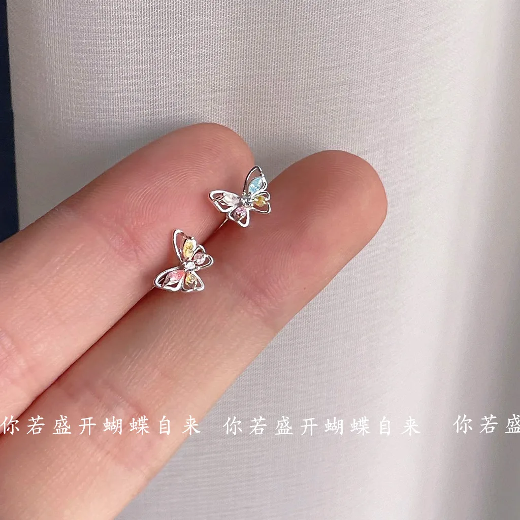 2025 New Fashion Mini Version 925 Silver Needle Micro Inlaid Colorful Zirconium Butterfly Earrings Ins Stud Earrings