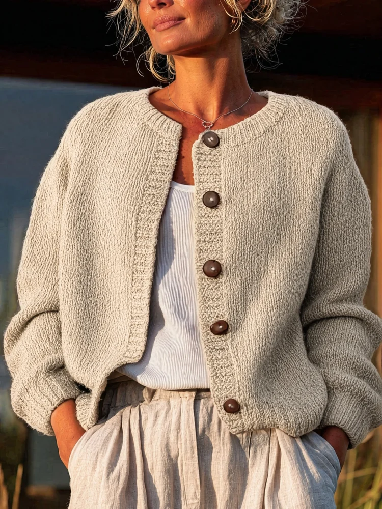2026 Women's Cream Knit Cardigan Sweater, Round Neck Long Sleeve Button Front Loose Fit Casual Chic Top for Fall Winter