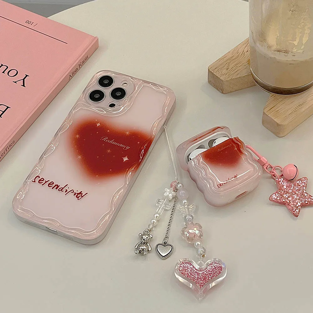 INS Korean Aesthetics Gradient Red Love Heart Earphone Case Sequin Star Pendant For Apple Airpods 1 2 Pro 3 Clear Protective Bag