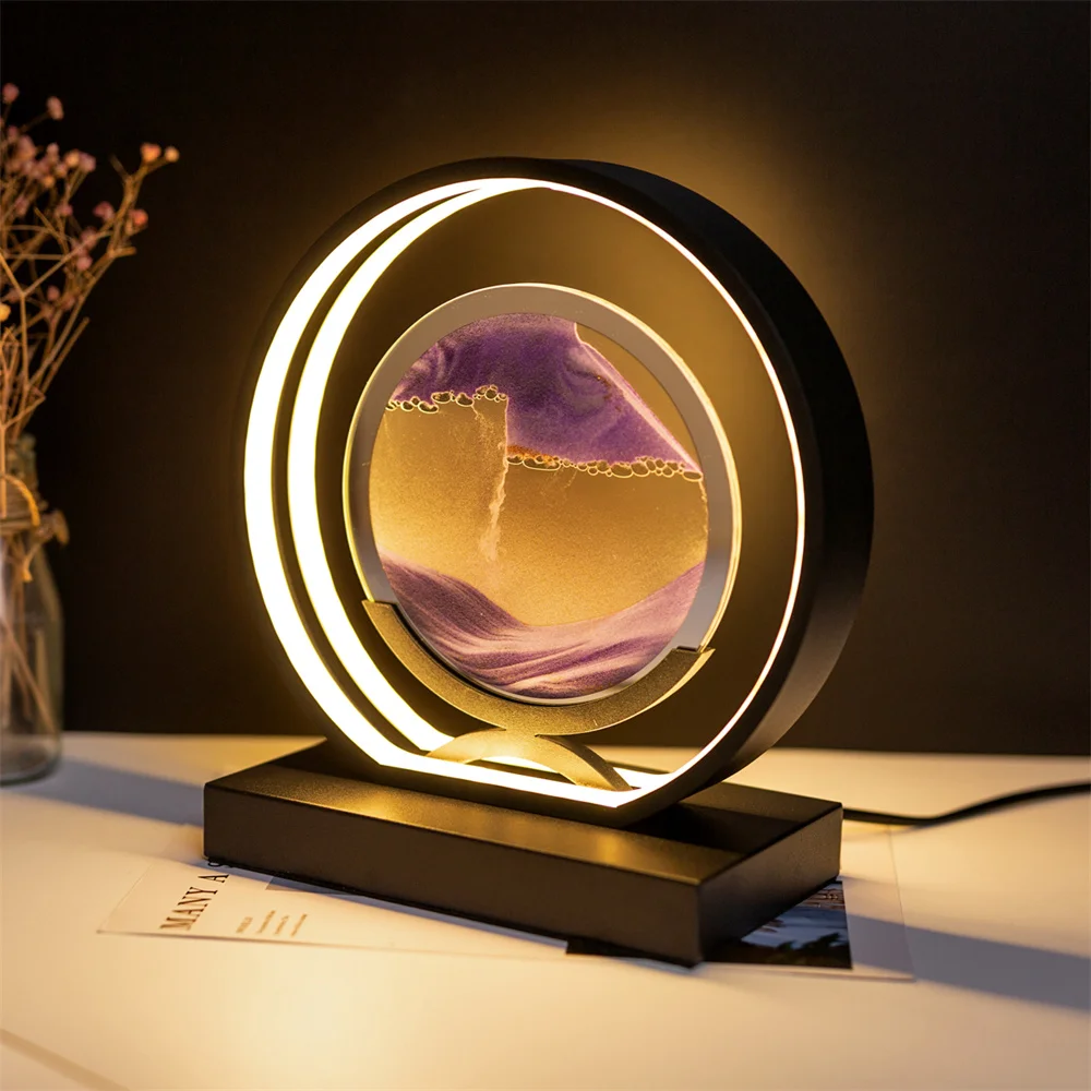 3D LED Moving Sand Art Imagem Lamp, Mobile Art, Luz Paisagem, Redondo, 360 ° Rotatable, cabeceira, Sands of Time, Lâmpada para Quarto