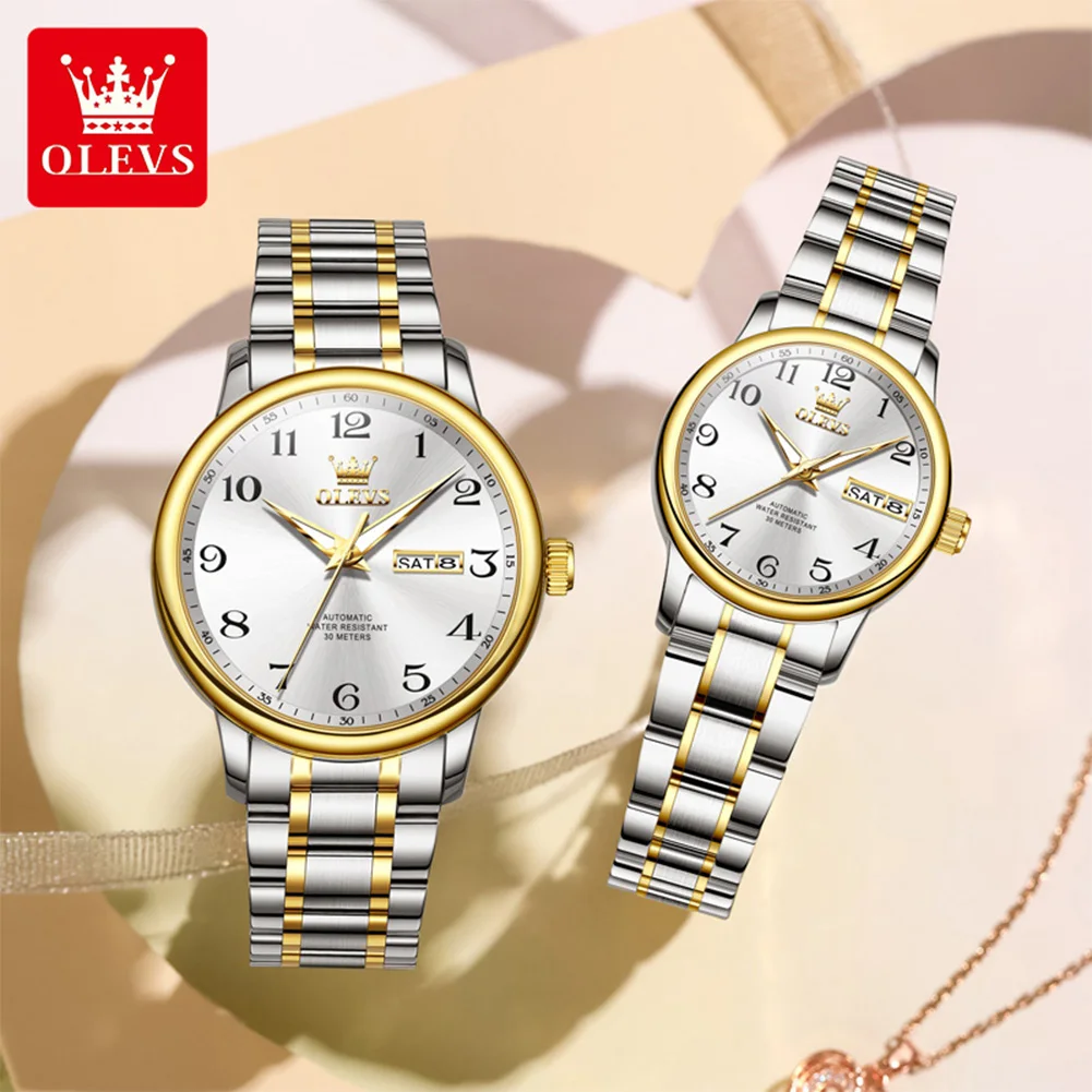 OLEVS Couple Watches His and Her Watch Set Automatic Mechanical Wristwatch For men women Luxury Watch Waterproof couples Gift