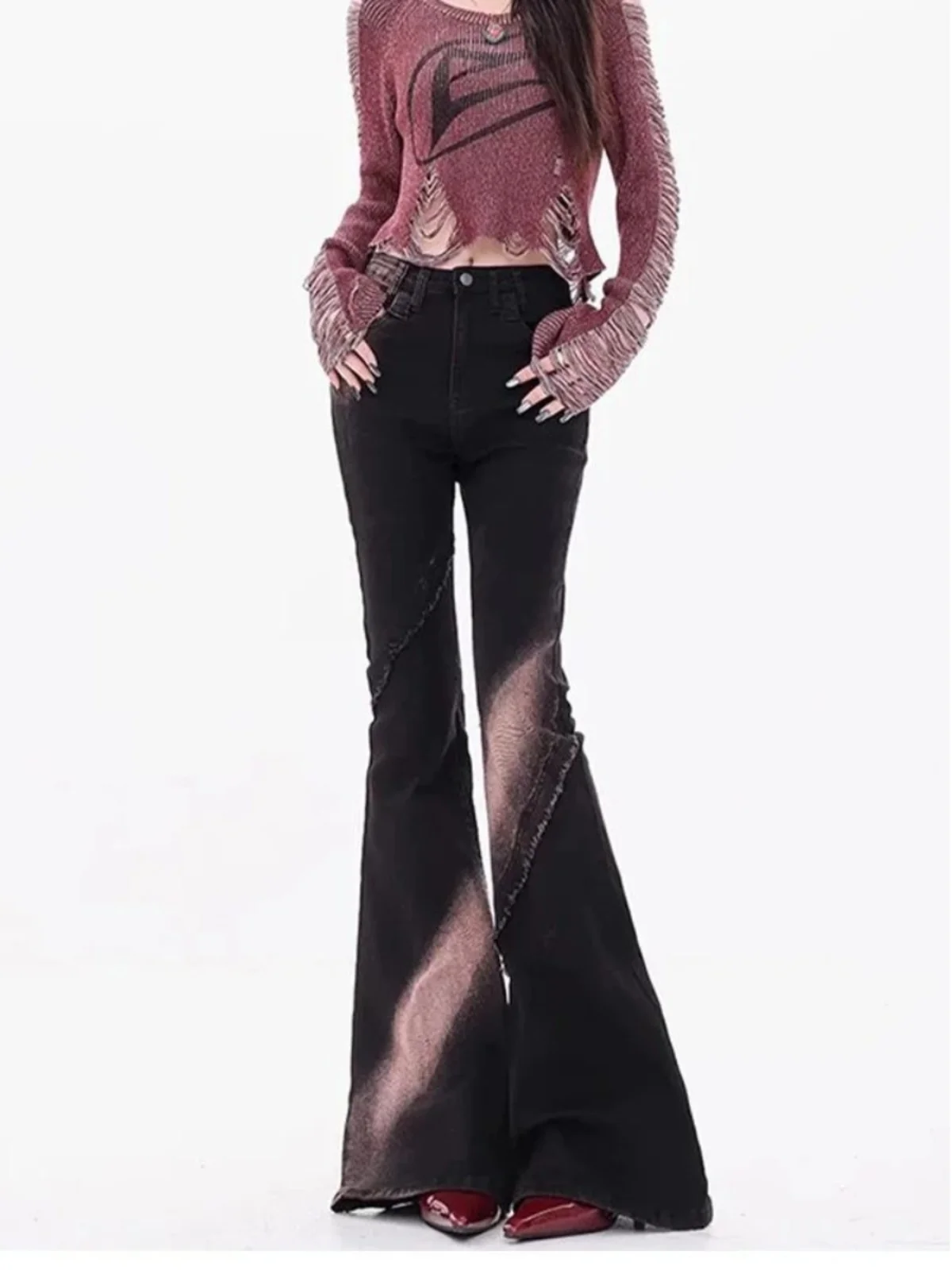 

Брюки-клеш с низкой талией и эффектом тай-дай, облегающие, слегка расклешенные, в уличном стиле, повседневные, для женщин, простой дизайн, леггинсы-клеш