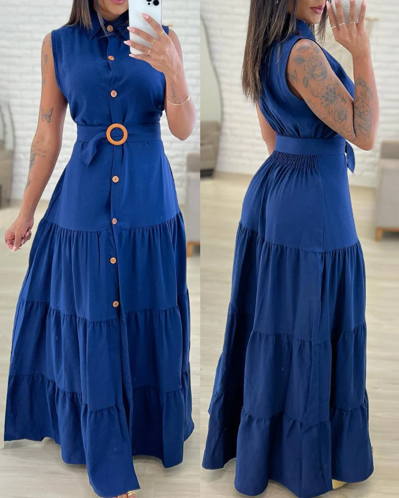 

Women's Elegant Lapel Button Sleeveless Long Dress Temperament Commuting Female Clothing New Fashion Women Dresses with Belt