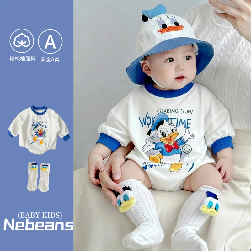 

Spring Autumn Newborn Baby Boy Long Sleeve Romper+Hat+Sock 3pcs Set Cartoon Donald Duck Print Girl Jumpsuit Infant Bodysuit 0-2T