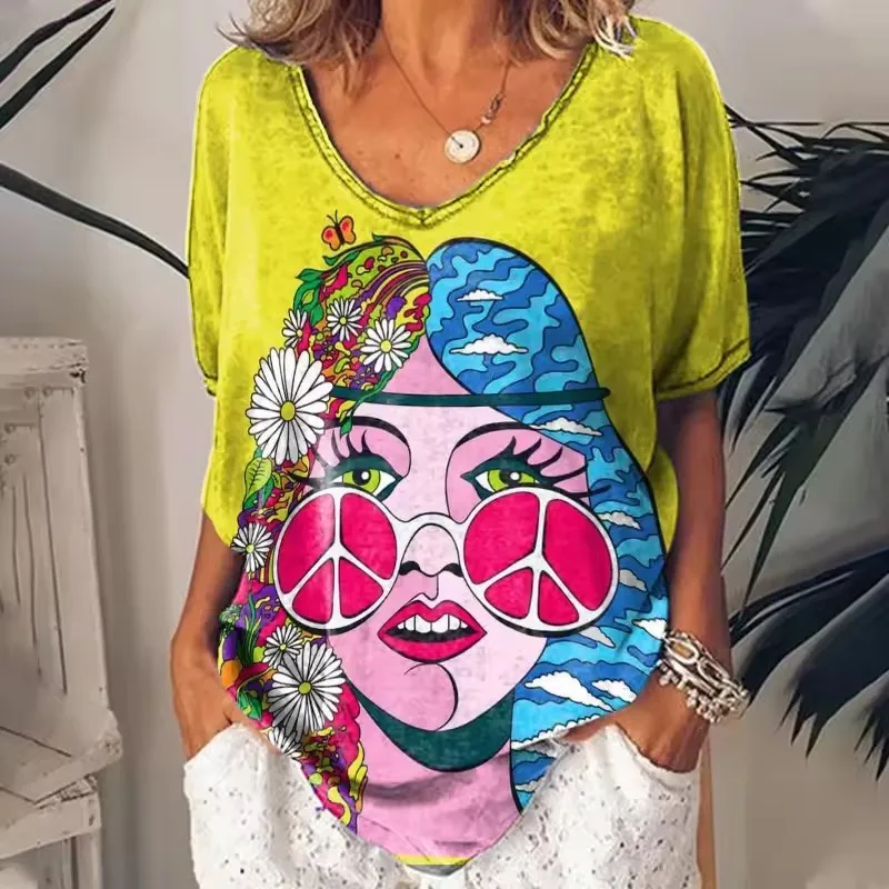 

Women V-Neck T-Shirt Summer Outdoor Casual Hippie Women's Tops 3D Characters Sequins Printing OverSize Women's Clothing