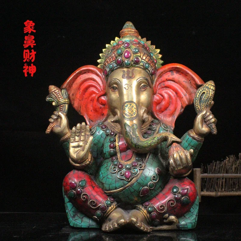 Nepalese pure copper inlaid gemstone, Thai elephant trunk, statue of the god of wealth, Indian elephant head, red god of wealth,