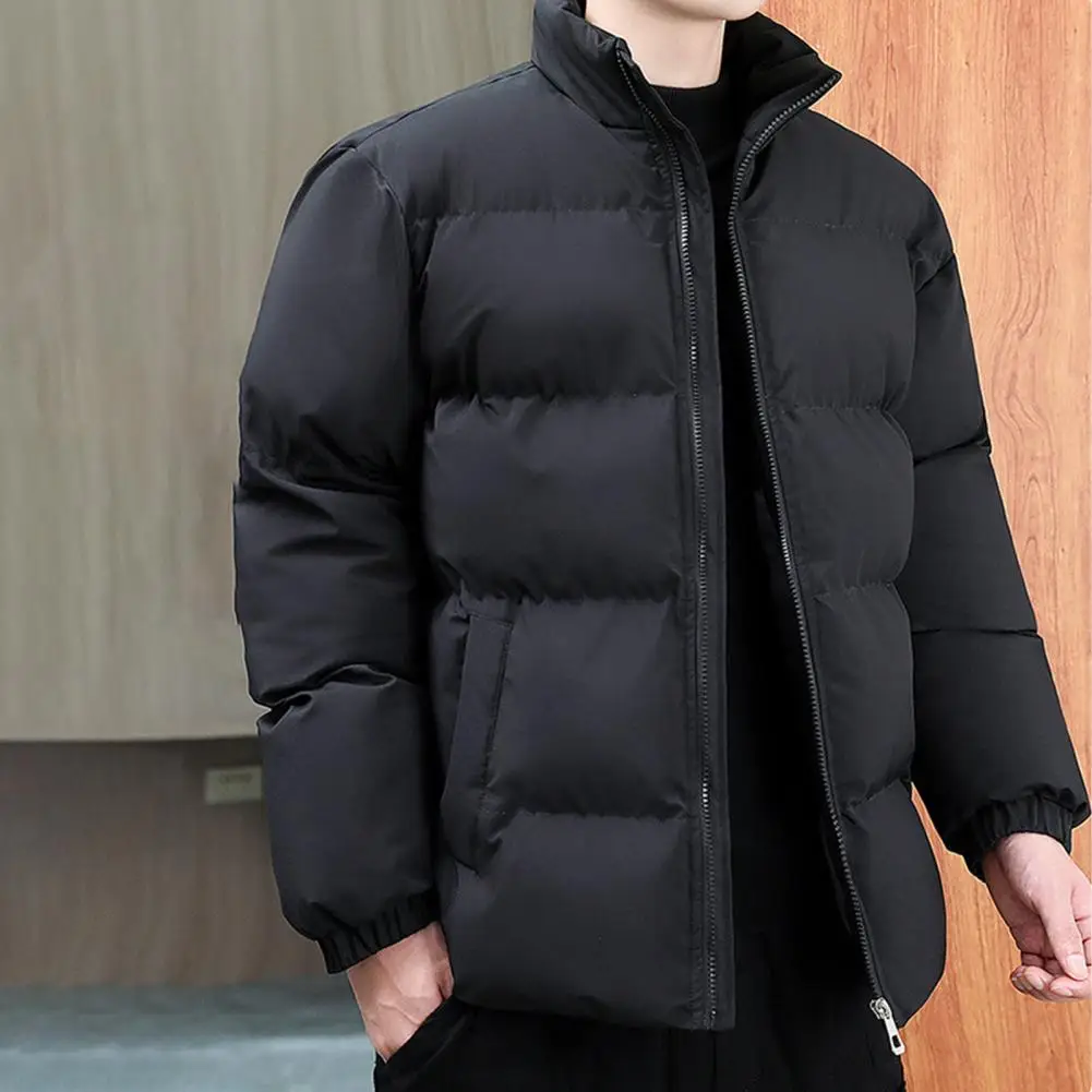 

Winter Men Parkas Solid Color Stand Collar Long Sleeve Men Coat Thickened Pockets Zipper Placket Cotton Jacket Streetwear