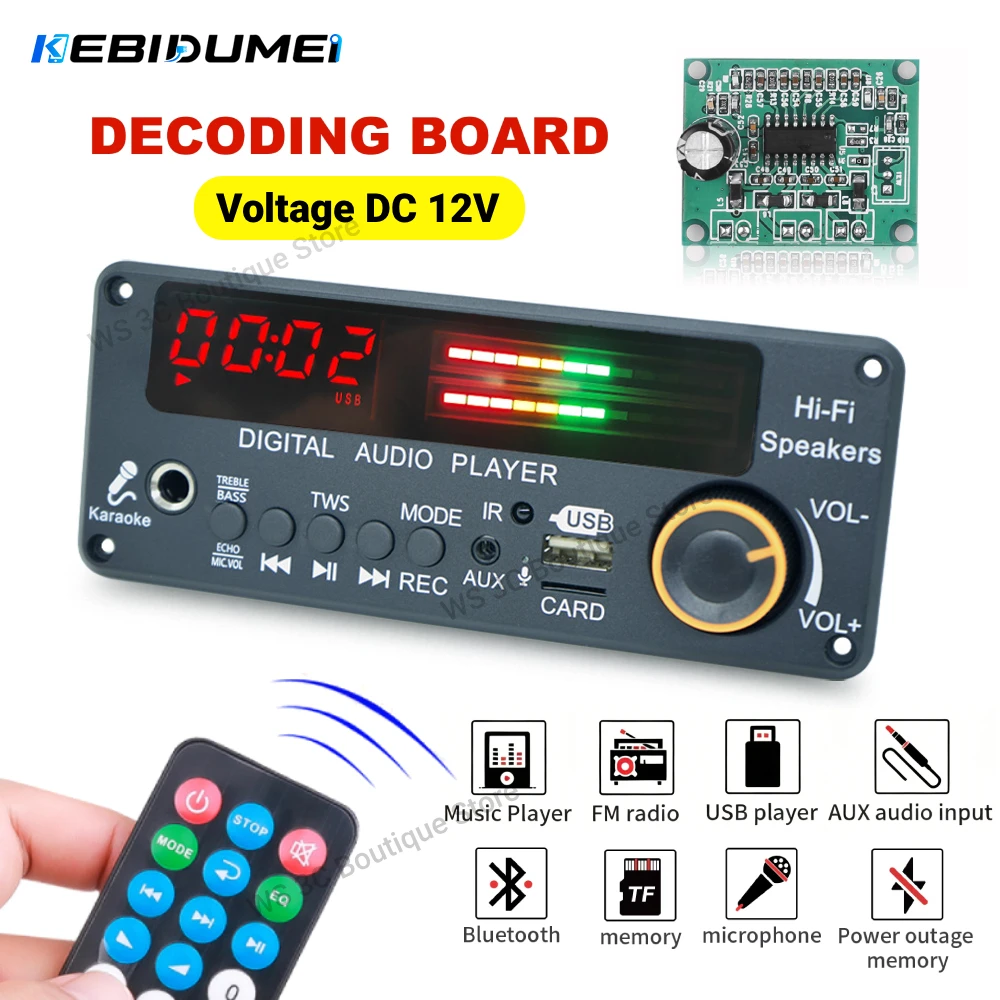 kebidumei-bluetooth-53-diy-mp3-wav-декодер-плата-dc-12v-беспроводной-автомобильный-usb-mp3-плеер-с-tf-слотом-usb-fm-радио-и-микрофоном-65-мм