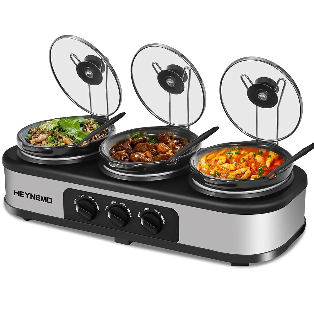 

Triple Slow Cooker, 3 * 1.5 Quarts Buffet Servers And Warmers, 3 Pots Buffet Slow Cooker Adjustable Temp Lid Rests Stainl Steel