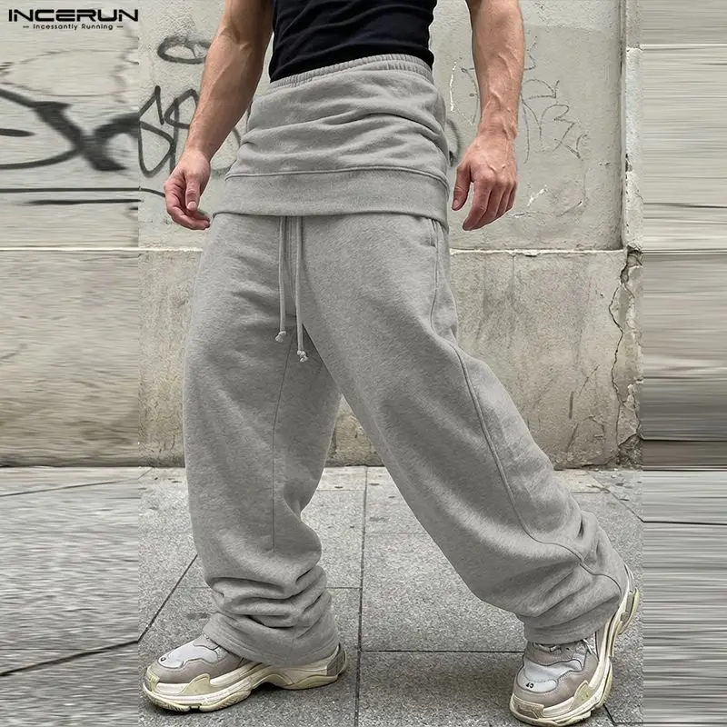 INCERUN Men Pants Solid Color Drawstring Loose Joggers Casual Irregular Trousers Men Streetwear Workout 2026 Male Sweatpants