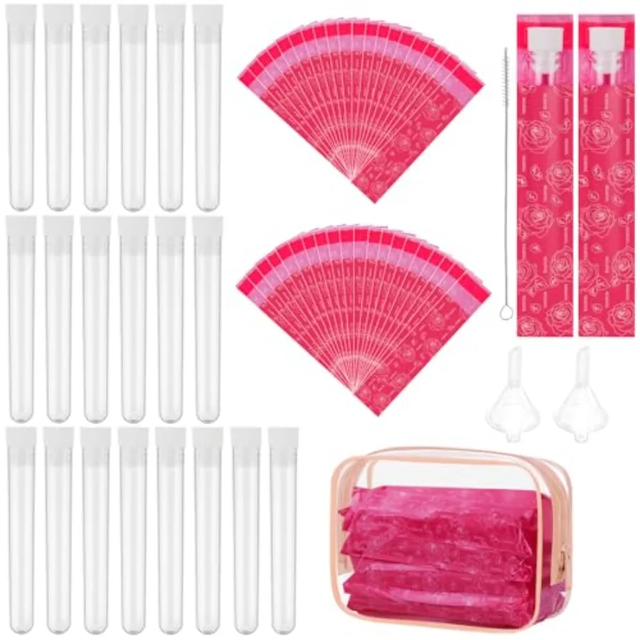 64 Pcs Tampon Flasks Set Includes 20 Reusable Plastic Flasks, 40 Self Adhesive Wrappers, 2 Funnels, Storage Bag, Straw Scrubber