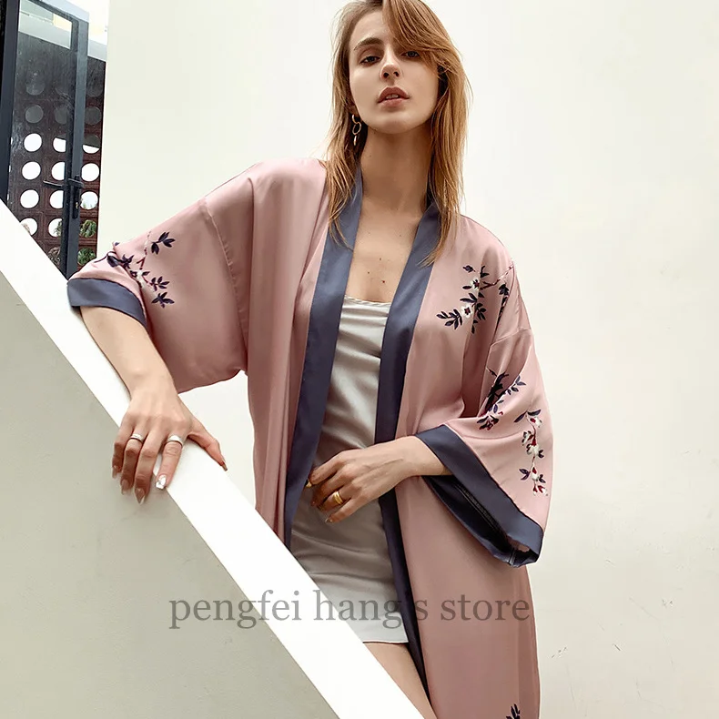 Blue Crane Robe Lady Leisure Kimono Bathrobe Gown Satin Sleepwear Nightwear Print Intimate Lingerie Nightgown Women Loungewear