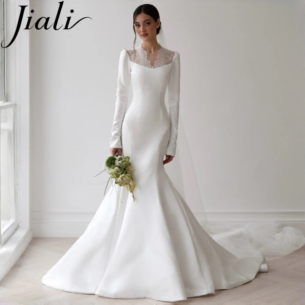 Jiali Customized White Satin Mermaid Wedding Dress Long Fitted Sleeve Illusion Lace Neck Bridal Gown Side Buttons Chapel Train