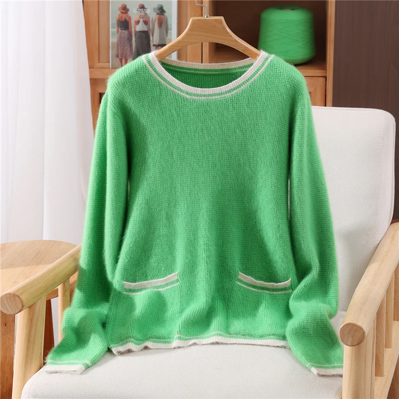 Women Mink Cashmere Sweater O-Neck Pullover Autumn Winter Basic Casual Soft Warm Color Block Clothing 100% Mink Cashmere Tops
