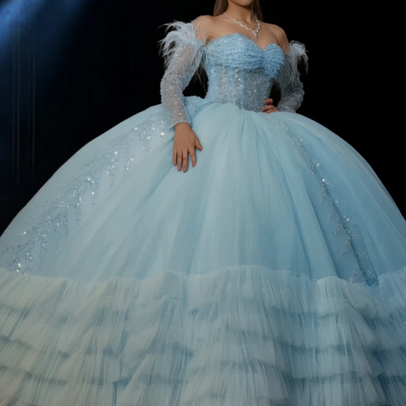 

Light Blue Ball Gown Quinceanera Dresses Sequin Applique Lace Beading Crystal Tiered Tull Corset Off The Shoulder Sweet 16 Dress